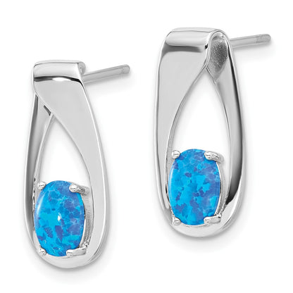 Sterling Silver Rhodium Plated Polished Blue Created Opal Oval Post Earrings