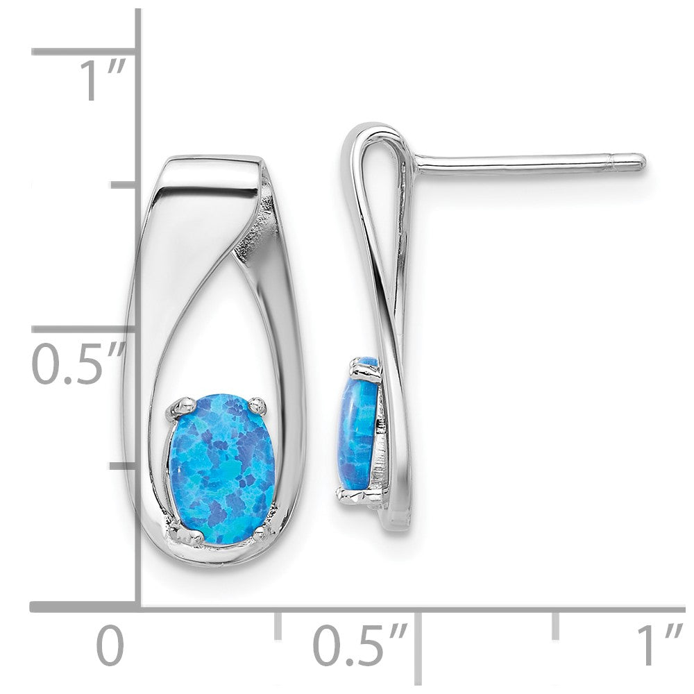 Sterling Silver Rhodium Plated Polished Blue Created Opal Oval Post Earrings