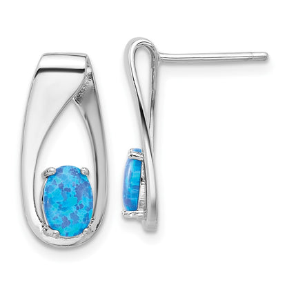 Sterling Silver Rhodium Plated Polished Blue Created Opal Oval Post Earrings
