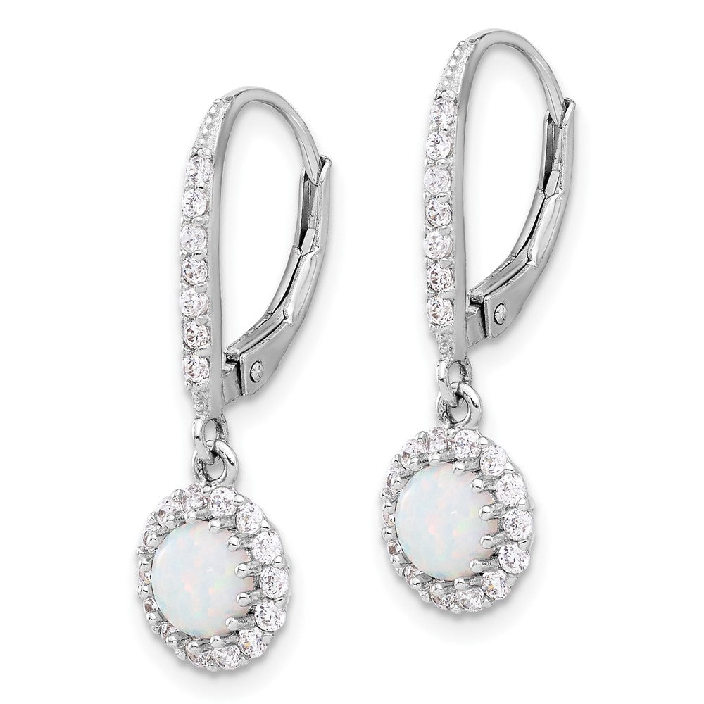 Sterling Silver Rhodium Plated CZ & Cr. Opal Halo Dangle Leverback Earrings