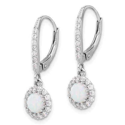 Sterling Silver Rhodium Plated CZ & Cr. Opal Halo Dangle Leverback Earrings