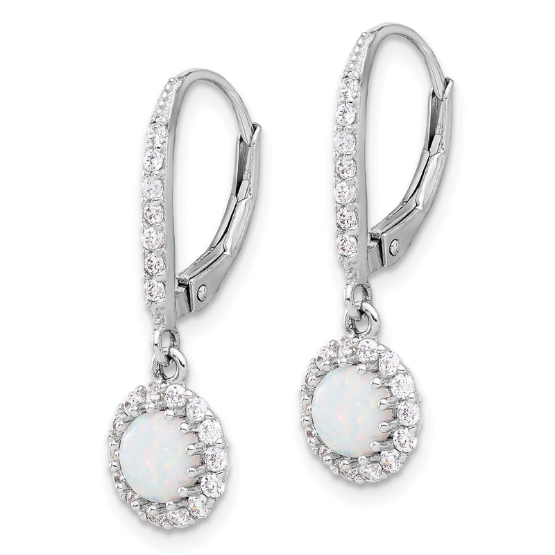 Sterling Silver Rhodium Plated CZ & Cr. Opal Halo Dangle Leverback Earrings