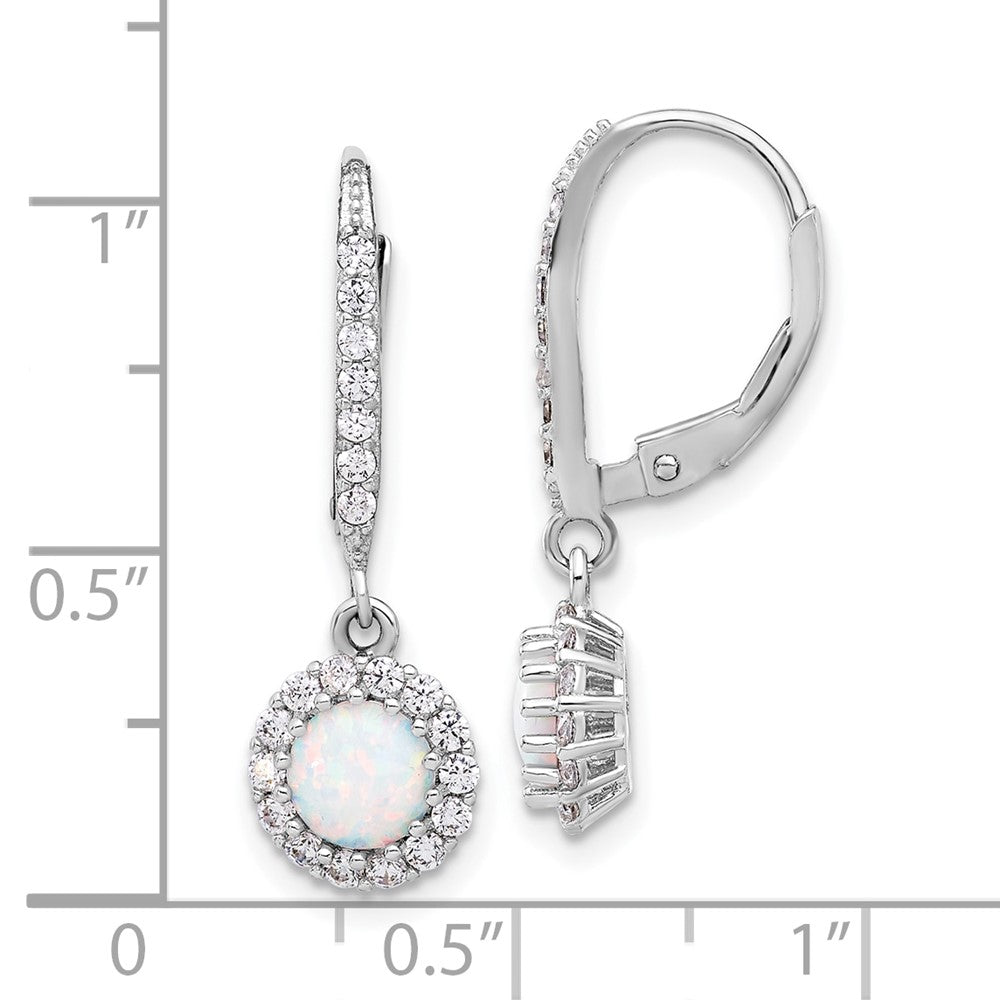 Sterling Silver Rhodium Plated CZ & Cr. Opal Halo Dangle Leverback Earrings