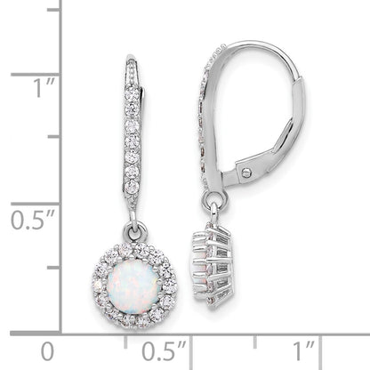 Sterling Silver Rhodium Plated CZ & Cr. Opal Halo Dangle Leverback Earrings