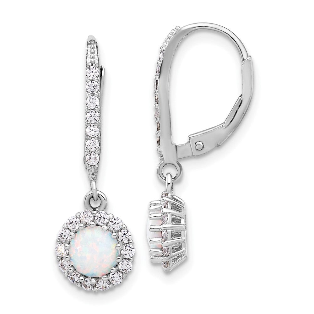 Sterling Silver Rhodium Plated CZ & Cr. Opal Halo Dangle Leverback Earrings