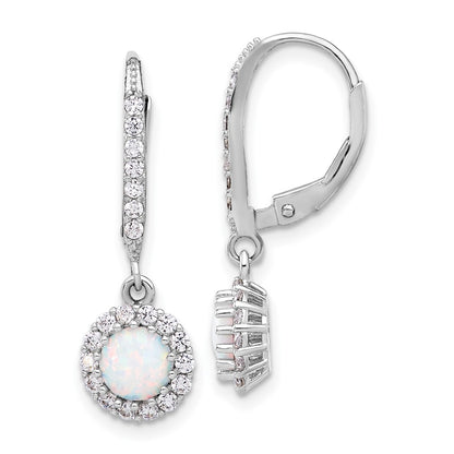Sterling Silver Rhodium Plated CZ & Cr. Opal Halo Dangle Leverback Earrings
