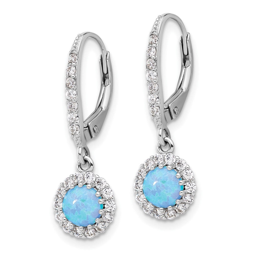 Sterling Silver Rhodium Plated CZ & Blue Cr. Opal Halo Dangle Leverback Earrings