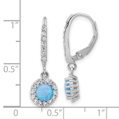 Sterling Silver Rhodium Plated CZ & Blue Cr. Opal Halo Dangle Leverback Earrings