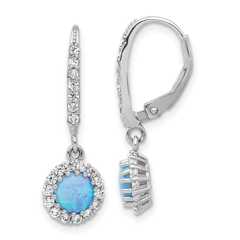 Sterling Silver Rhodium Plated CZ & Blue Cr. Opal Halo Dangle Leverback Earrings