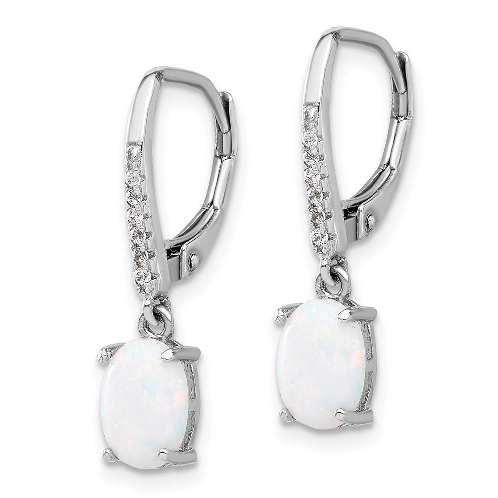 Sterling Silver Rhodium Plated CZ & Oval Cr. Opal Leverback Dangle Earrings