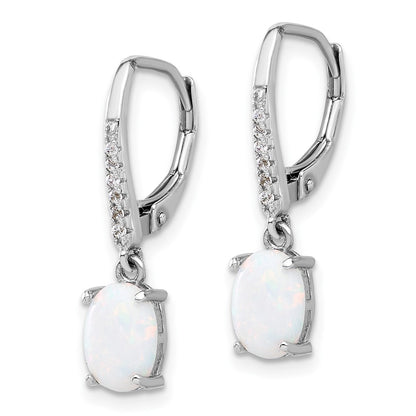 Sterling Silver Rhodium Plated CZ & Oval Cr. Opal Leverback Dangle Earrings