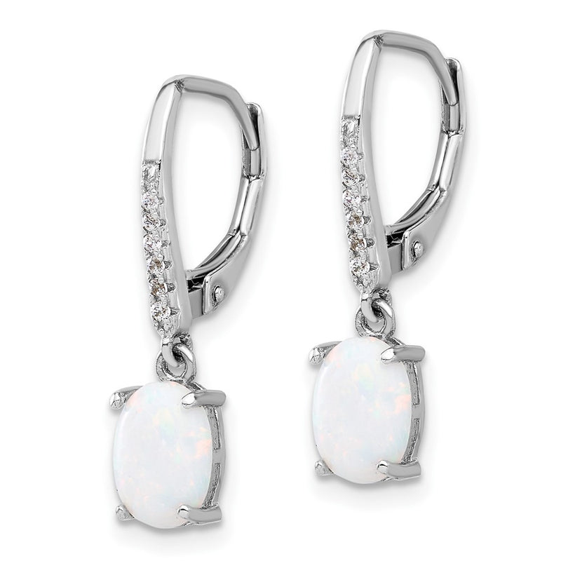 Sterling Silver Rhodium Plated CZ & Oval Cr. Opal Leverback Dangle Earrings