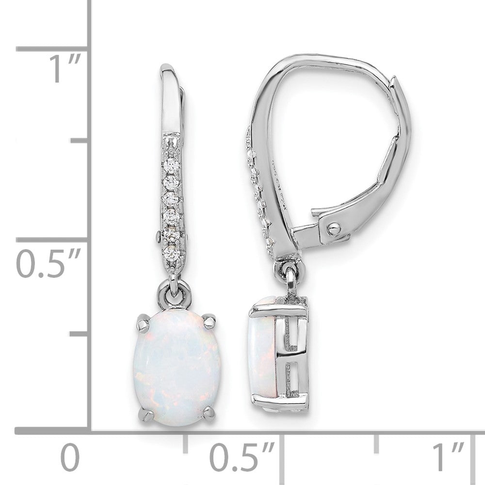 Sterling Silver Rhodium Plated CZ & Oval Cr. Opal Leverback Dangle Earrings