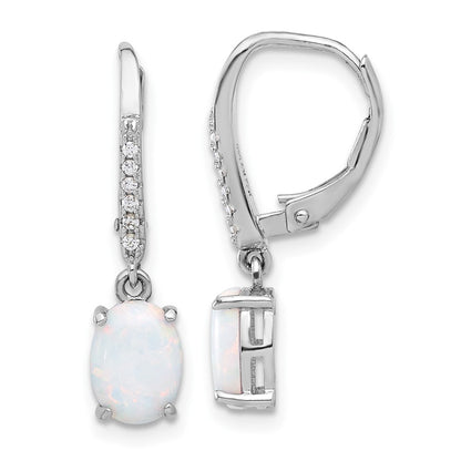Sterling Silver Rhodium Plated CZ & Oval Cr. Opal Leverback Dangle Earrings