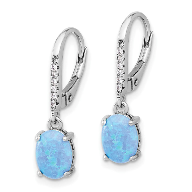 Sterling Silver Rhodium Plated CZ & Oval Blue Cr. Opal Leverback Dangle Earrings