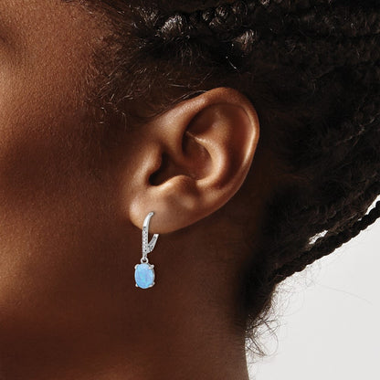 Sterling Silver Rhodium Plated CZ & Oval Blue Cr. Opal Leverback Dangle Earrings