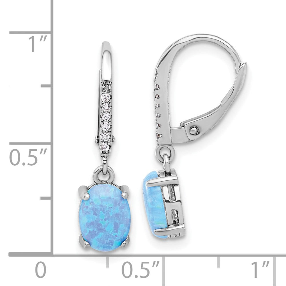 Sterling Silver Rhodium Plated CZ & Oval Blue Cr. Opal Leverback Dangle Earrings
