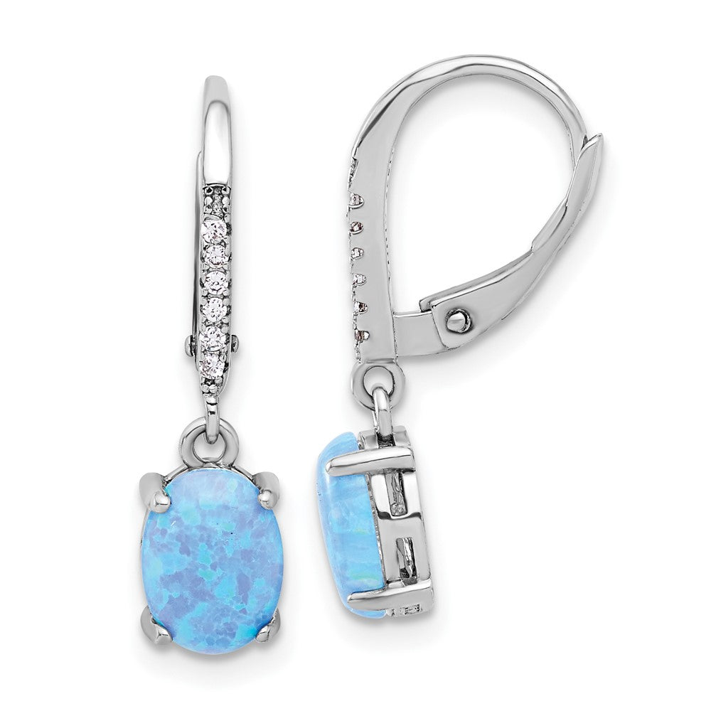 Sterling Silver Rhodium Plated CZ & Oval Blue Cr. Opal Leverback Dangle Earrings