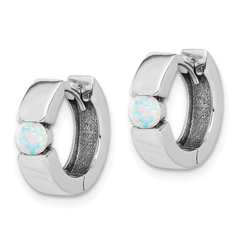 Sterling Silver Rhodium Plated Polished Cr. Opal Hinged Round Hoop Earrings