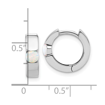 Sterling Silver Rhodium Plated Polished Cr. Opal Hinged Round Hoop Earrings