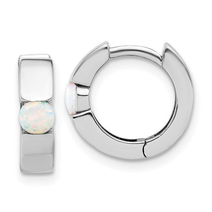 Sterling Silver Rhodium Plated Polished Cr. Opal Hinged Round Hoop Earrings