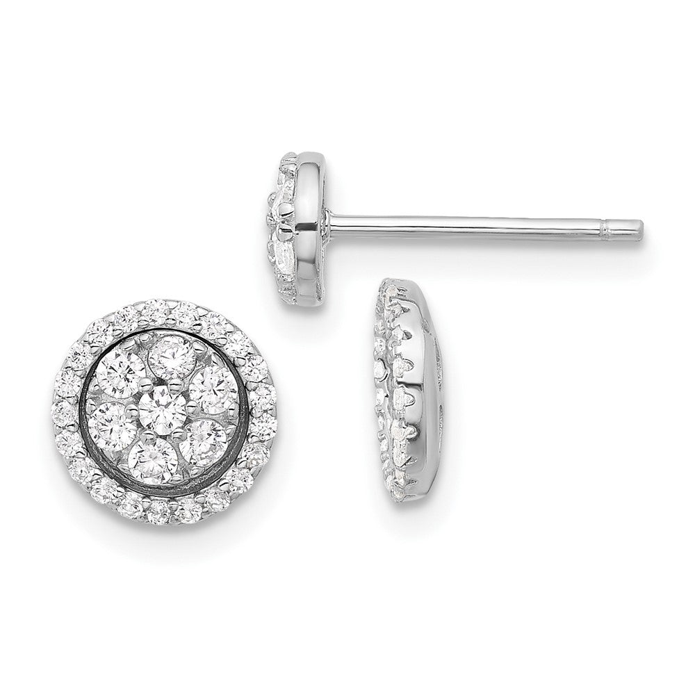Sterling Silver Rhodium-Plated CZ Cluster W/ Halo Jacket Post Earrings