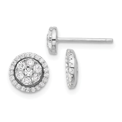 Sterling Silver Rhodium-Plated CZ Cluster W/ Halo Jacket Post Earrings