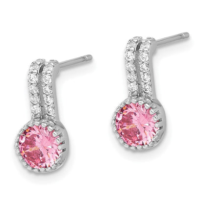 Sterling Silver Rhodium Plated Polished Two Row Pink & White CZ Post Earrings