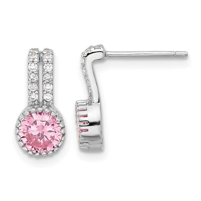 Sterling Silver Rhodium Plated Polished Two Row Pink & White CZ Post Earrings