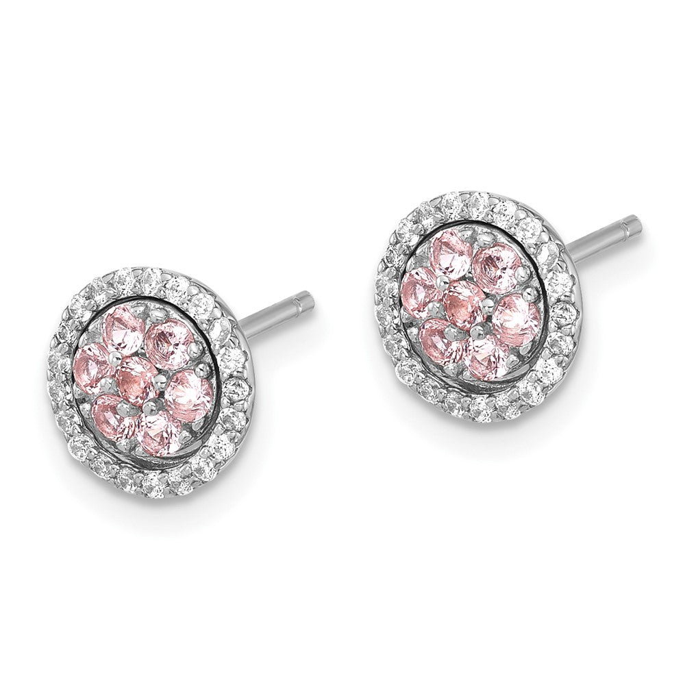 Sterling Silver Rh-Pltd Pink Crystal Cluster W/ CZ Halo Jacket Post Earring