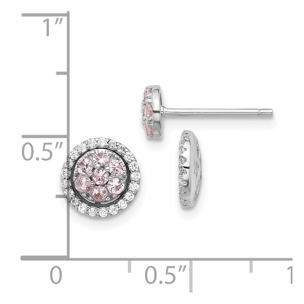 Sterling Silver Rh-Pltd Pink Crystal Cluster W/ CZ Halo Jacket Post Earring