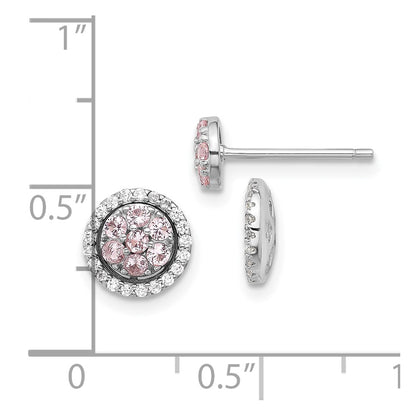 Sterling Silver Rh-Pltd Pink Crystal Cluster W/ CZ Halo Jacket Post Earring
