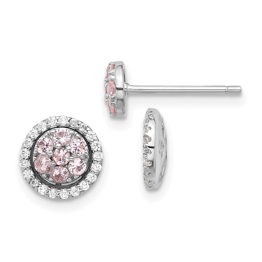Sterling Silver Rh-Pltd Pink Crystal Cluster W/ CZ Halo Jacket Post Earring