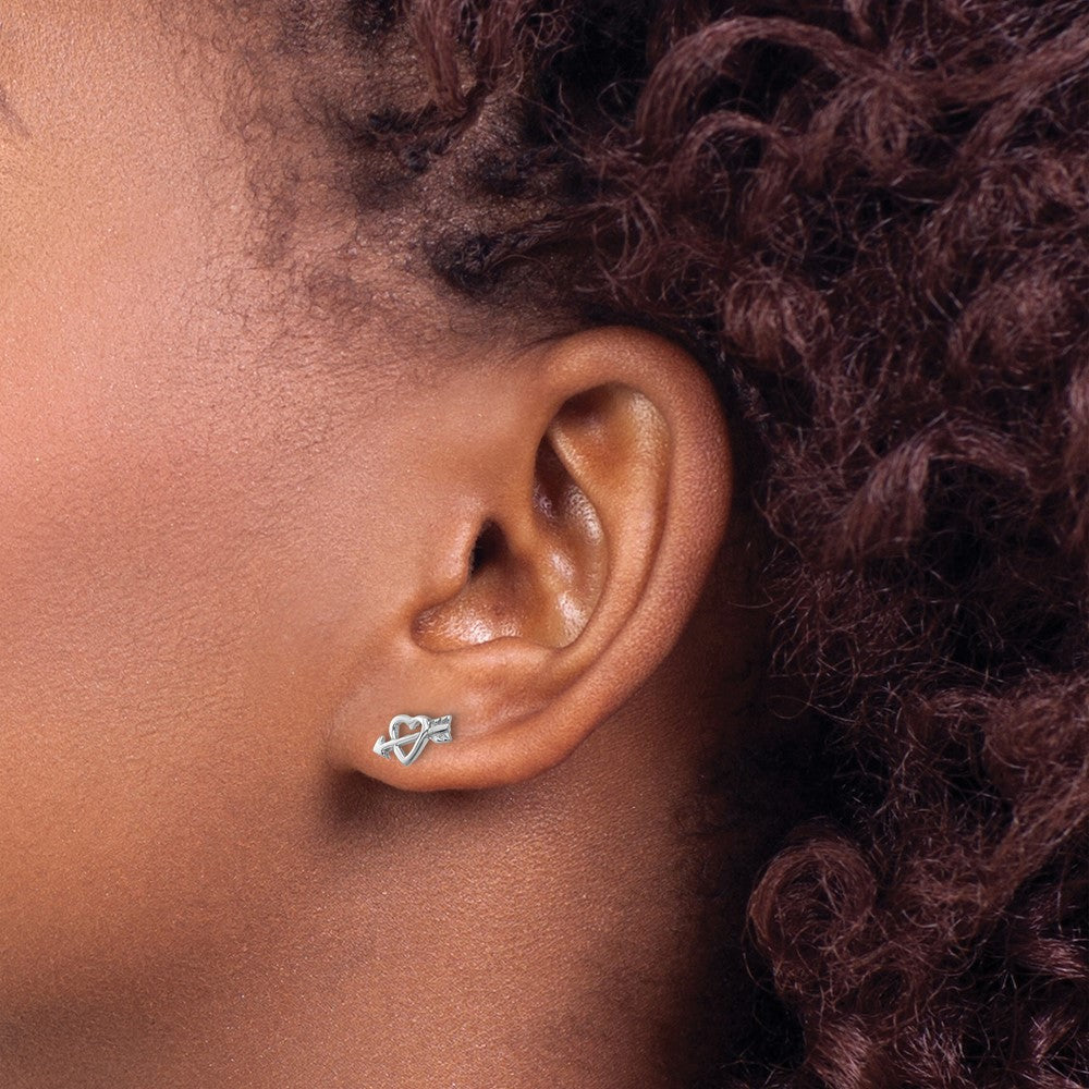Sterling Silver Rhodium-Plated Heart W/arrow Post Earrings