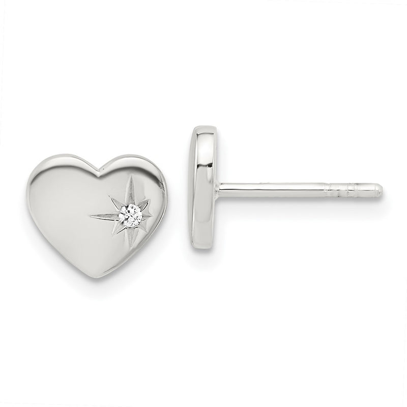 Sterling Silver E-Coated with CZ Heart Post Earrings