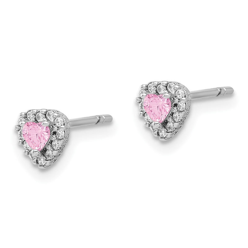Sterling Silver Rhodium-Plated Clear and Pink CZ Heart Post Earrings