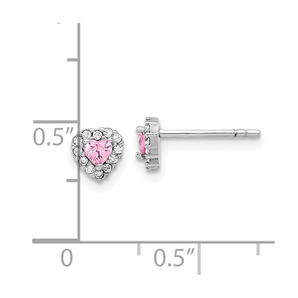 Sterling Silver Rhodium-Plated Clear and Pink CZ Heart Post Earrings