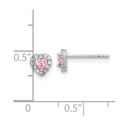 Sterling Silver Rhodium-Plated Clear and Pink CZ Heart Post Earrings