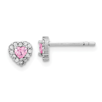 Sterling Silver Rhodium-Plated Clear and Pink CZ Heart Post Earrings