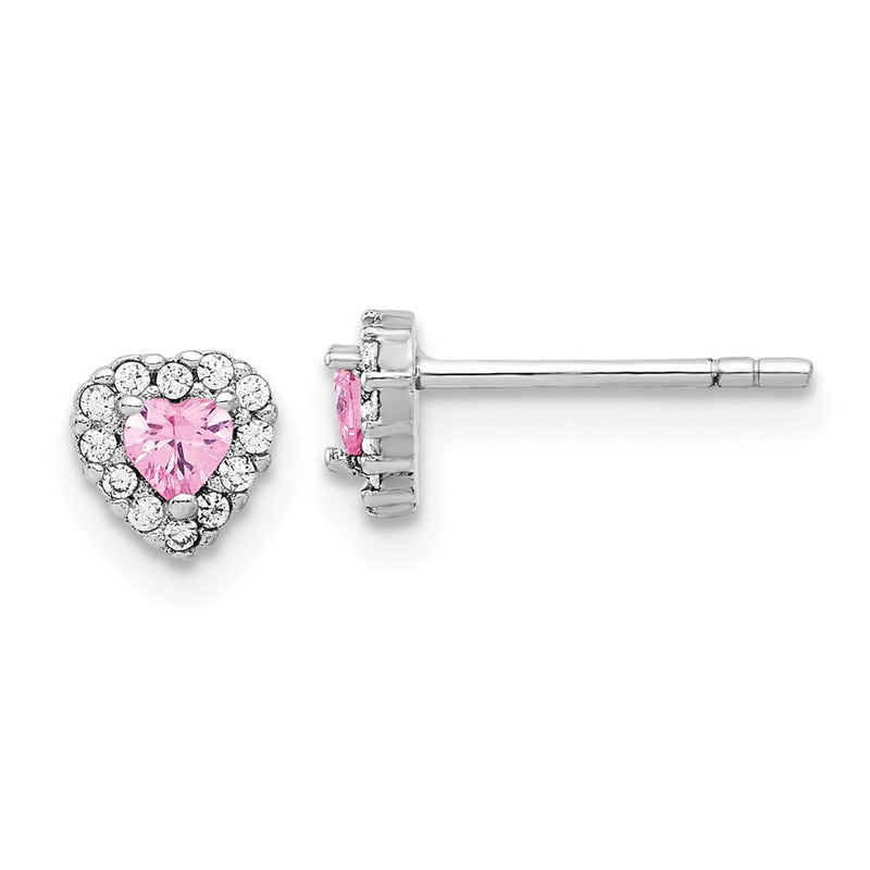 Sterling Silver Rhodium-Plated Clear and Pink CZ Heart Post Earrings