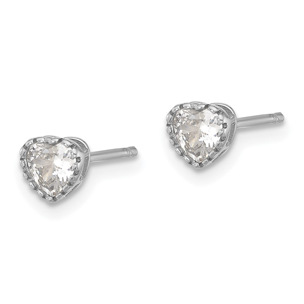 Sterling Silver Rhodium-Plated CZ Heart Post Earrings