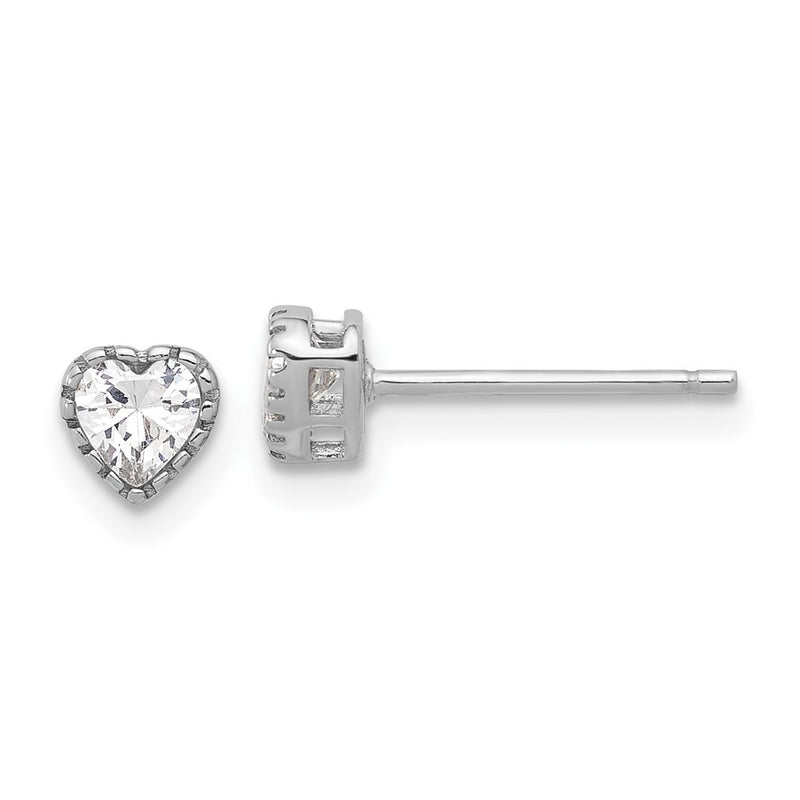Sterling Silver Rhodium-Plated CZ Heart Post Earrings