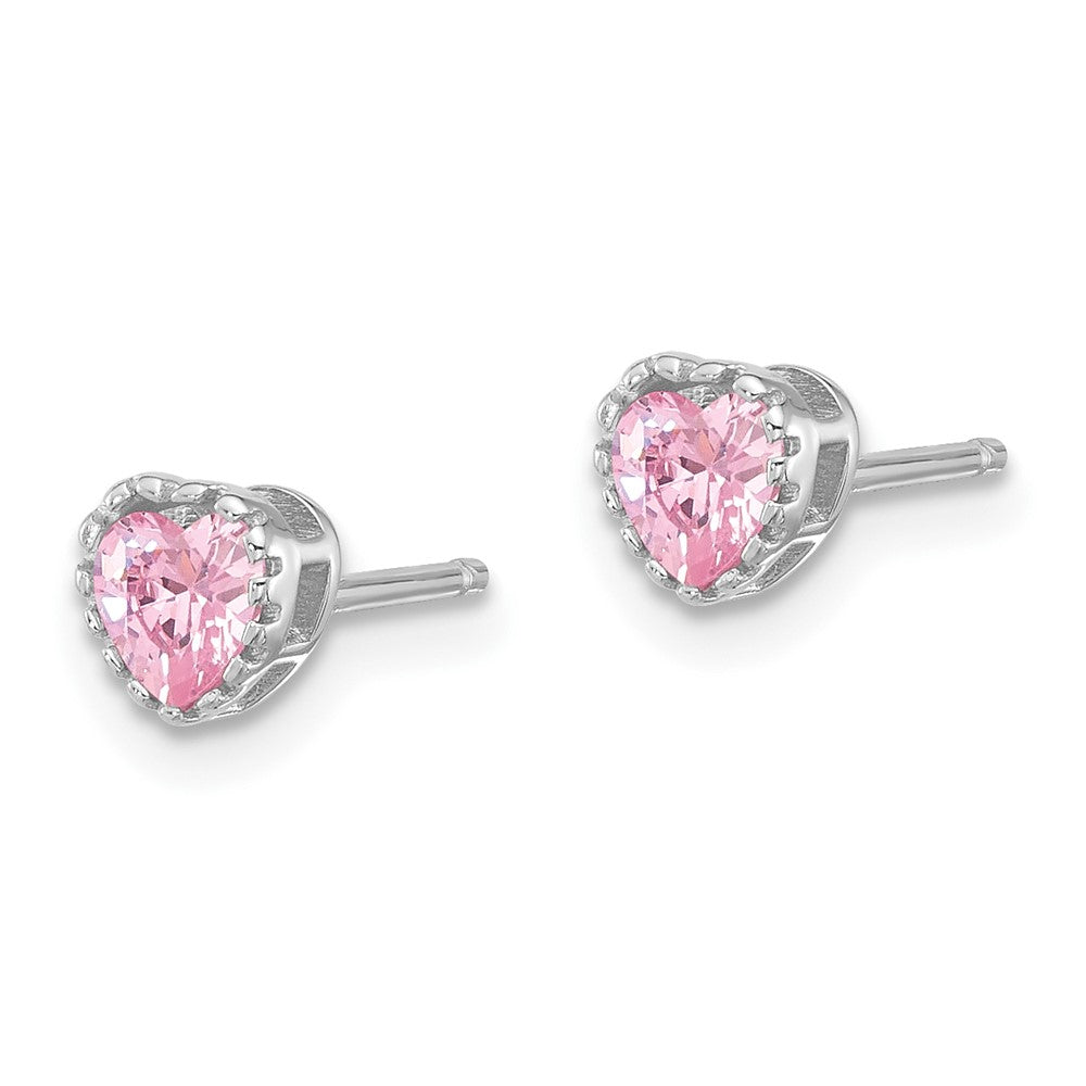 Sterling Silver Rhodium-Plated Pink CZ Heart Post Earrings