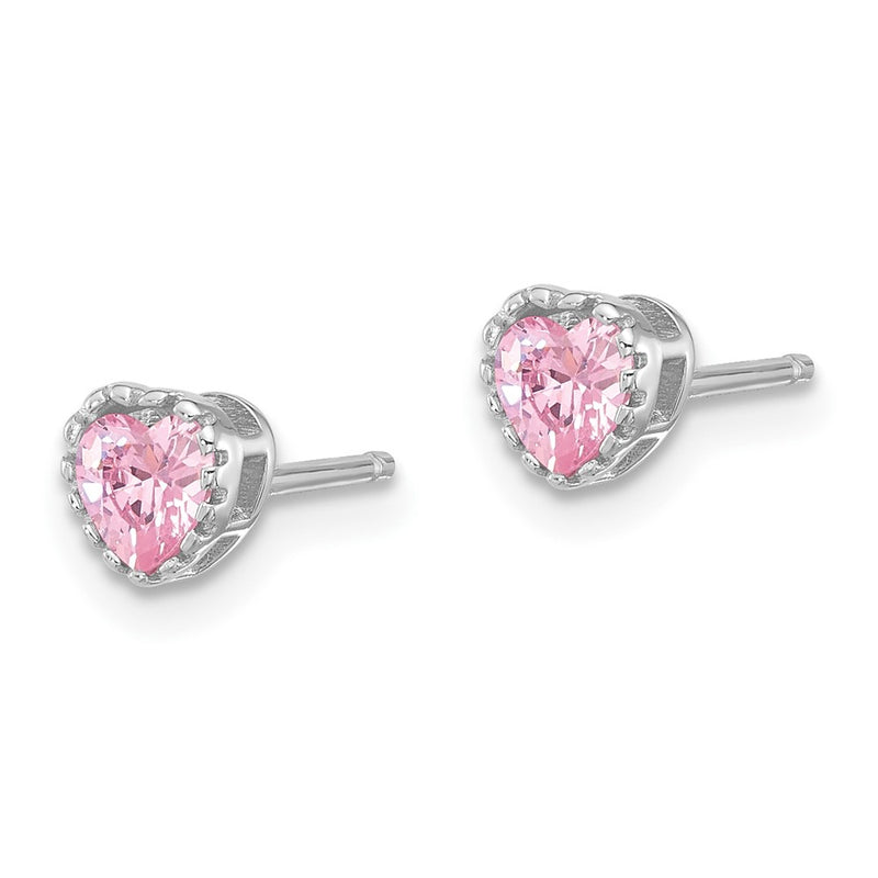 Sterling Silver Rhodium-Plated Pink CZ Heart Post Earrings