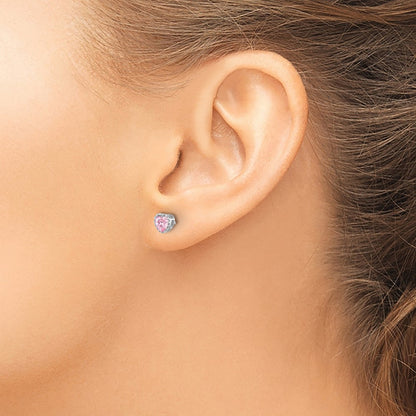 Sterling Silver Rhodium-Plated Pink CZ Heart Post Earrings