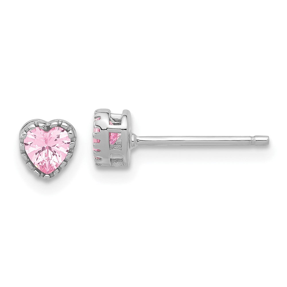 Sterling Silver Rhodium-Plated Pink CZ Heart Post Earrings