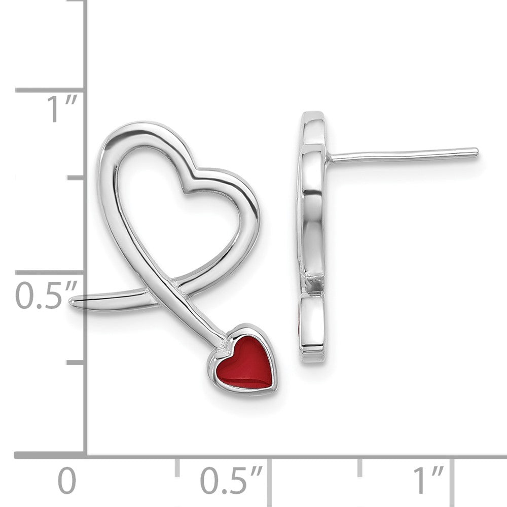 Sterling Silver Rhodium-Plated Polished Red Resin Open Heart Post Earrings
