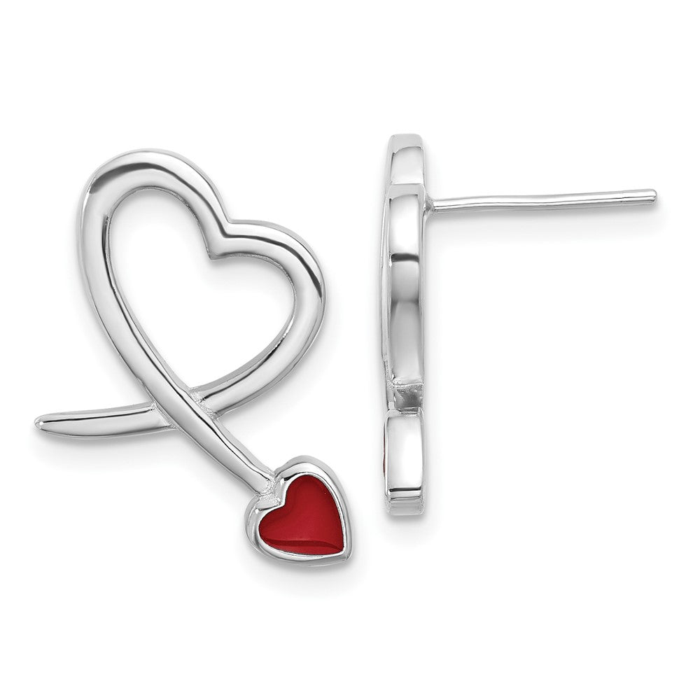 Sterling Silver Rhodium-Plated Polished Red Resin Open Heart Post Earrings