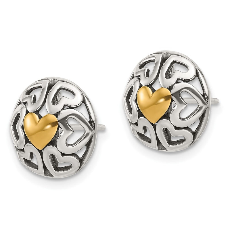 Sterling Silver Gold-Tone Polished & Antiqued Heart Circle Post Earrings