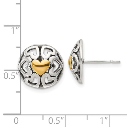 Sterling Silver Gold-Tone Polished & Antiqued Heart Circle Post Earrings